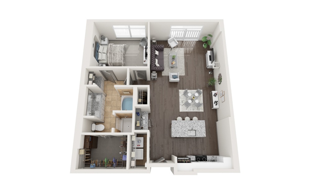 A - 1 bedroom floorplan layout with 1 bath and 1036 square feet. (Modernized)