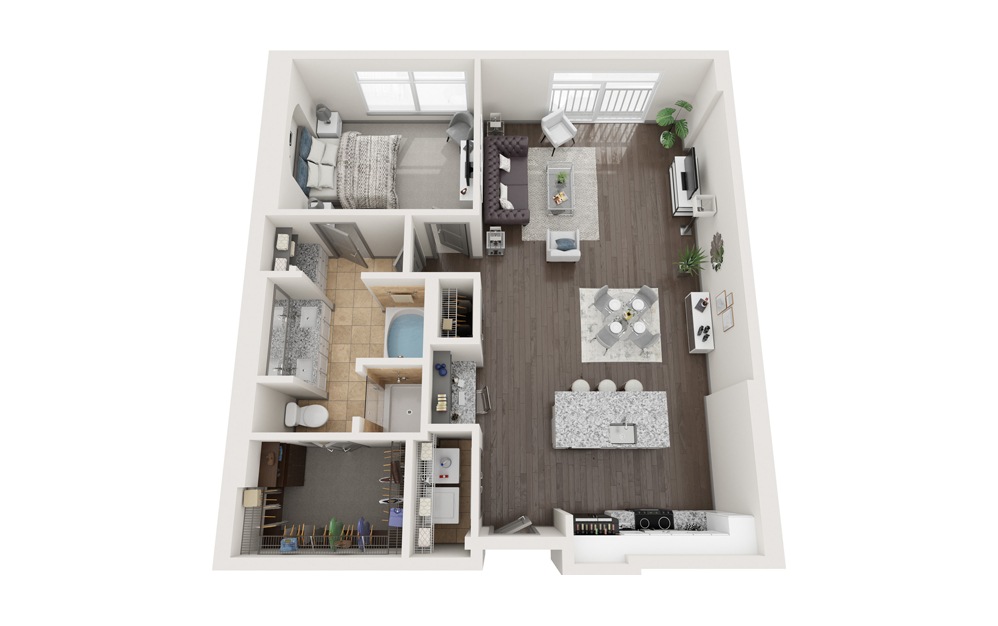 Aa - 1 bedroom floorplan layout with 1 bath and 1047 square feet. (Modernized)