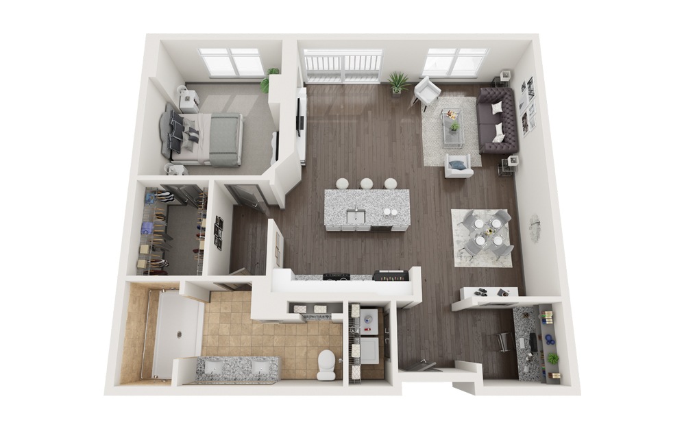B - 1 bedroom floorplan layout with 1 bath and 1141 square feet. (Modernized)
