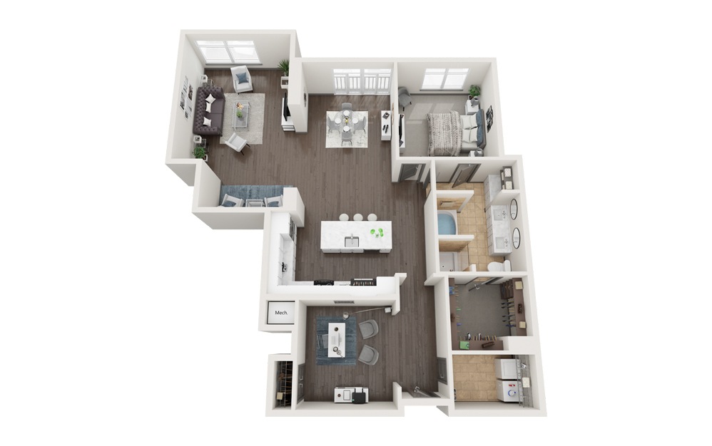 D - 1 bedroom floorplan layout with 1 bath and 1556 square feet. (Modernized)
