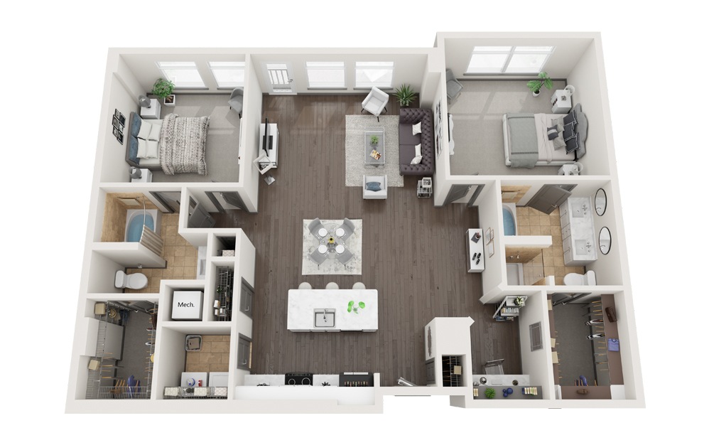 F - 2 bedroom floorplan layout with 2 baths and 1491 square feet. (Modernized)