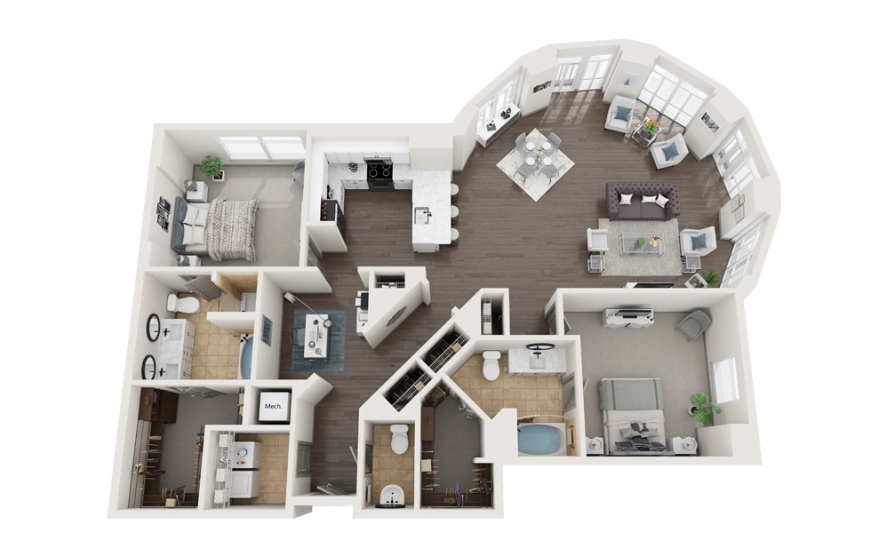 H - 2 bedroom floorplan layout with 2.5 baths and 1862 square feet. (Modernized)