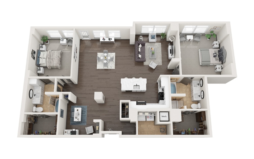 J - 2 bedroom floorplan layout with 2 baths and 1822 square feet. (Modernized)
